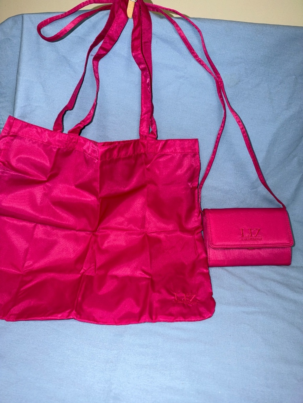Liz Claiborne set of crossbody small wallet purse and folding tote bag
